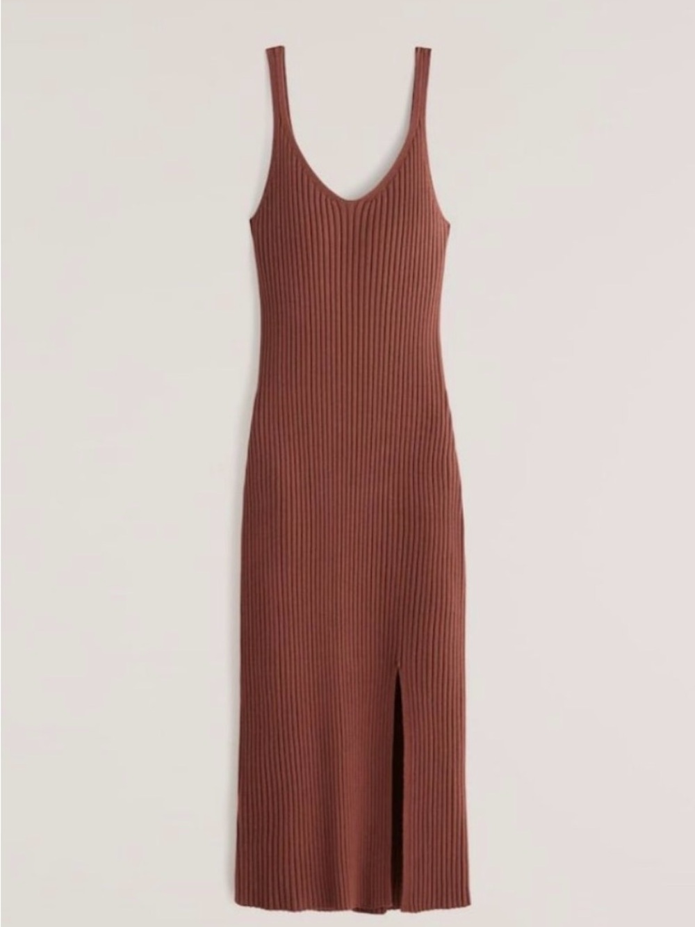 Abercrombie & Fitch Ribbed V-Neck Midi Dress in Rust Brown
